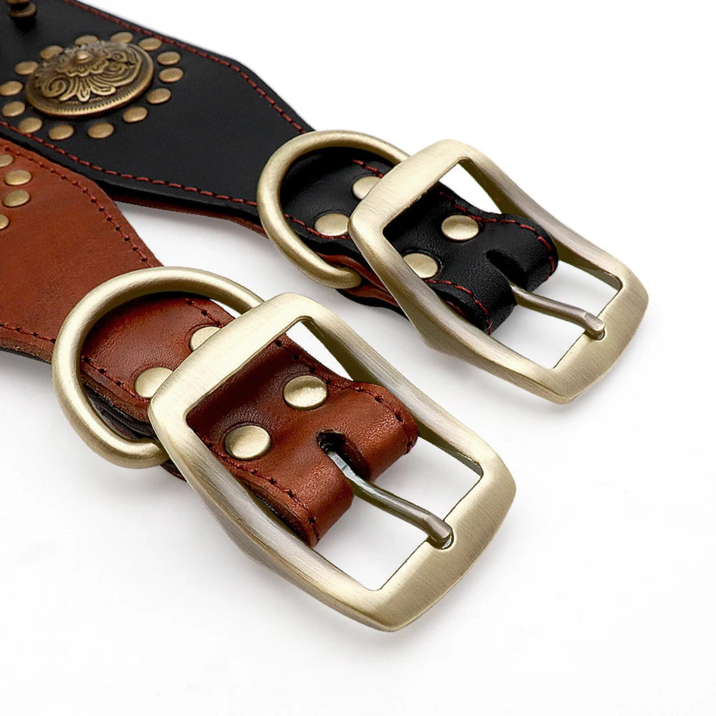 Detailaufnahme eines hochwertigen Leder Hundehalsbands mit robuster Metallschnalle, Nieten und edler Verarbeitung – Premium Hundezubehör von Hund & Heim