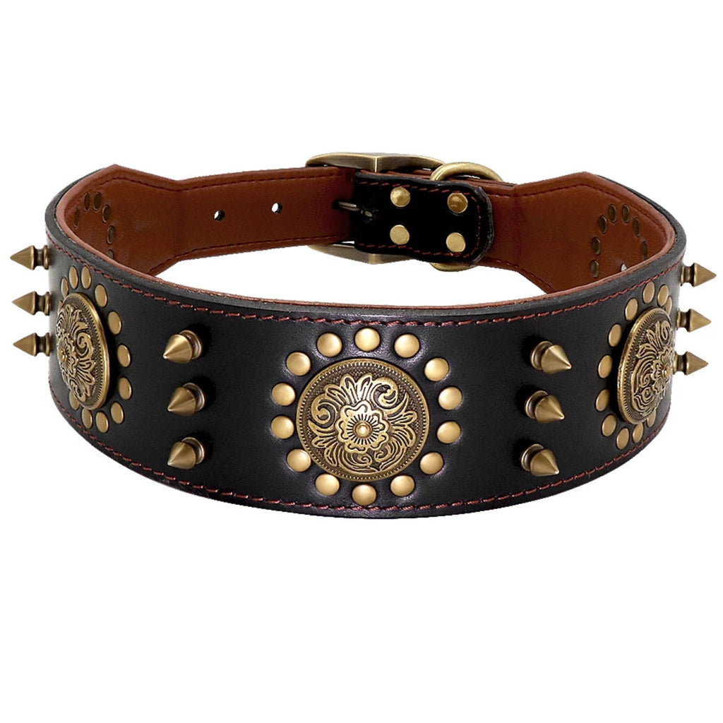 Hochwertiges schwarzes Leder Hundehalsband mit dekorativen Nieten, Metallornamenten und robuster Schnalle – elegantes Premium Hundezubehör von Hund & Heim
