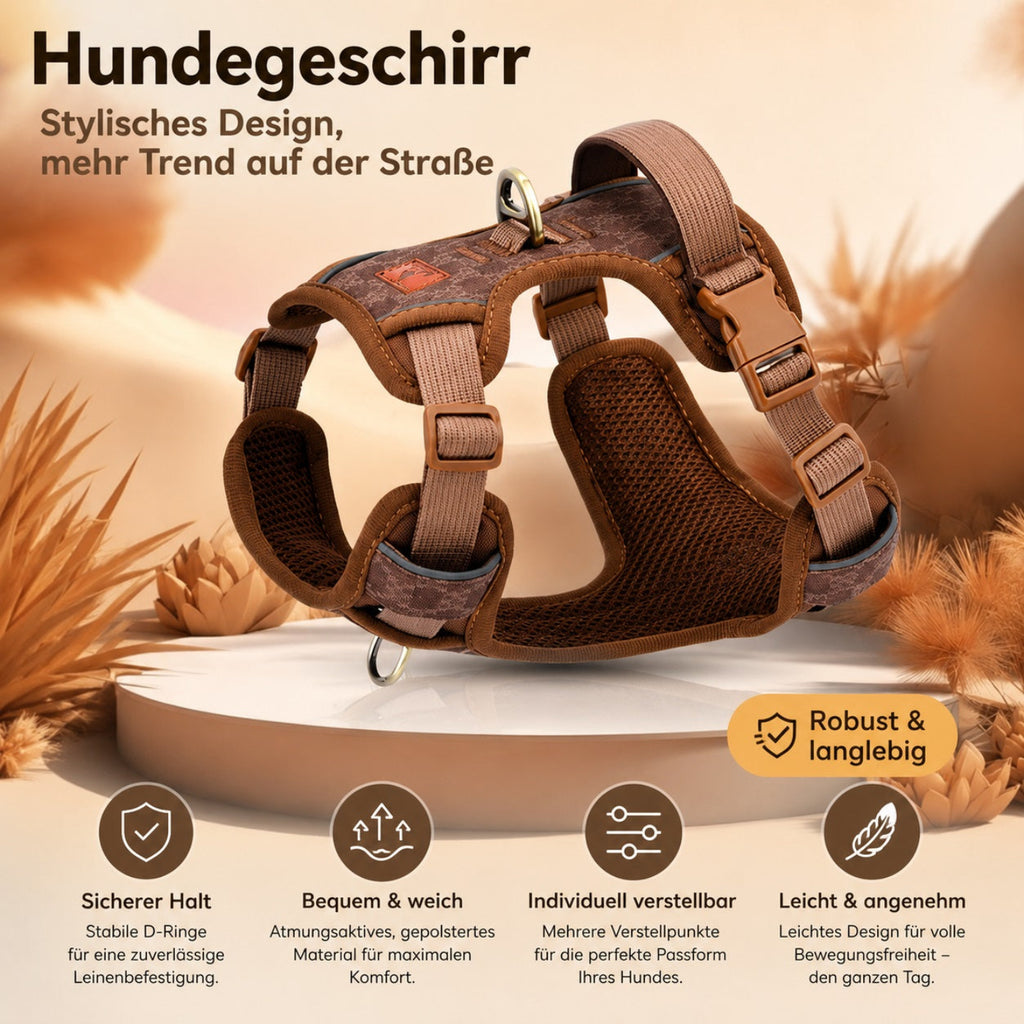 Premium Hundegeschirr in Braun mit verstellbaren Gurten und gepolsterter Passform