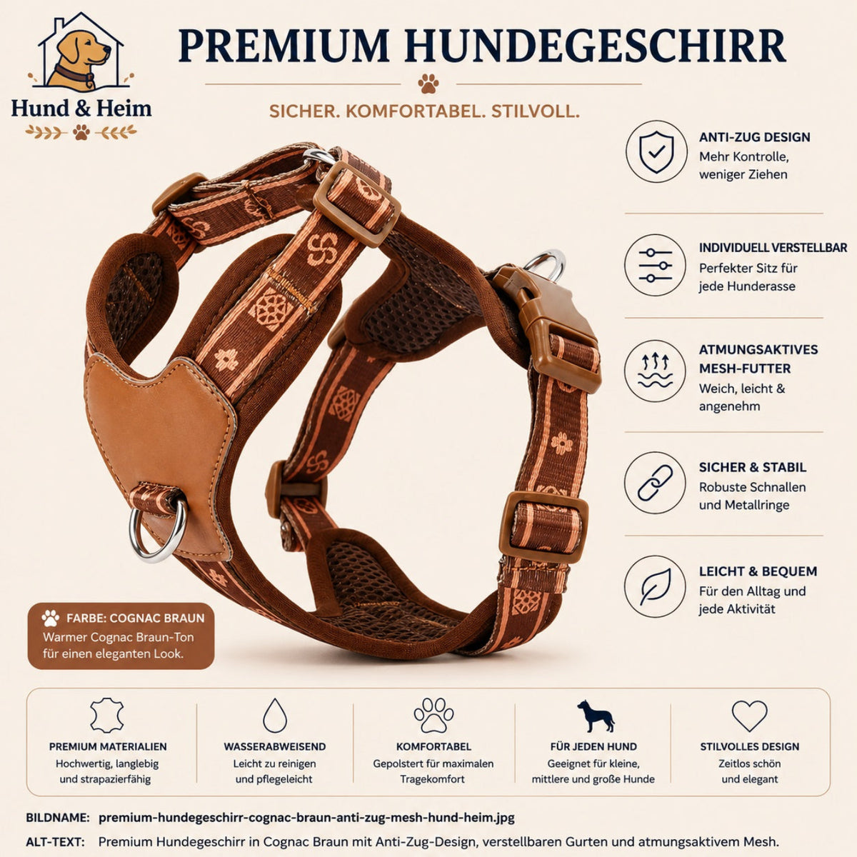 Premium Hundegeschirr in Cognac Braun mit Anti-Zug-Design, verstellbaren Gurten und atmungsaktivem Mesh