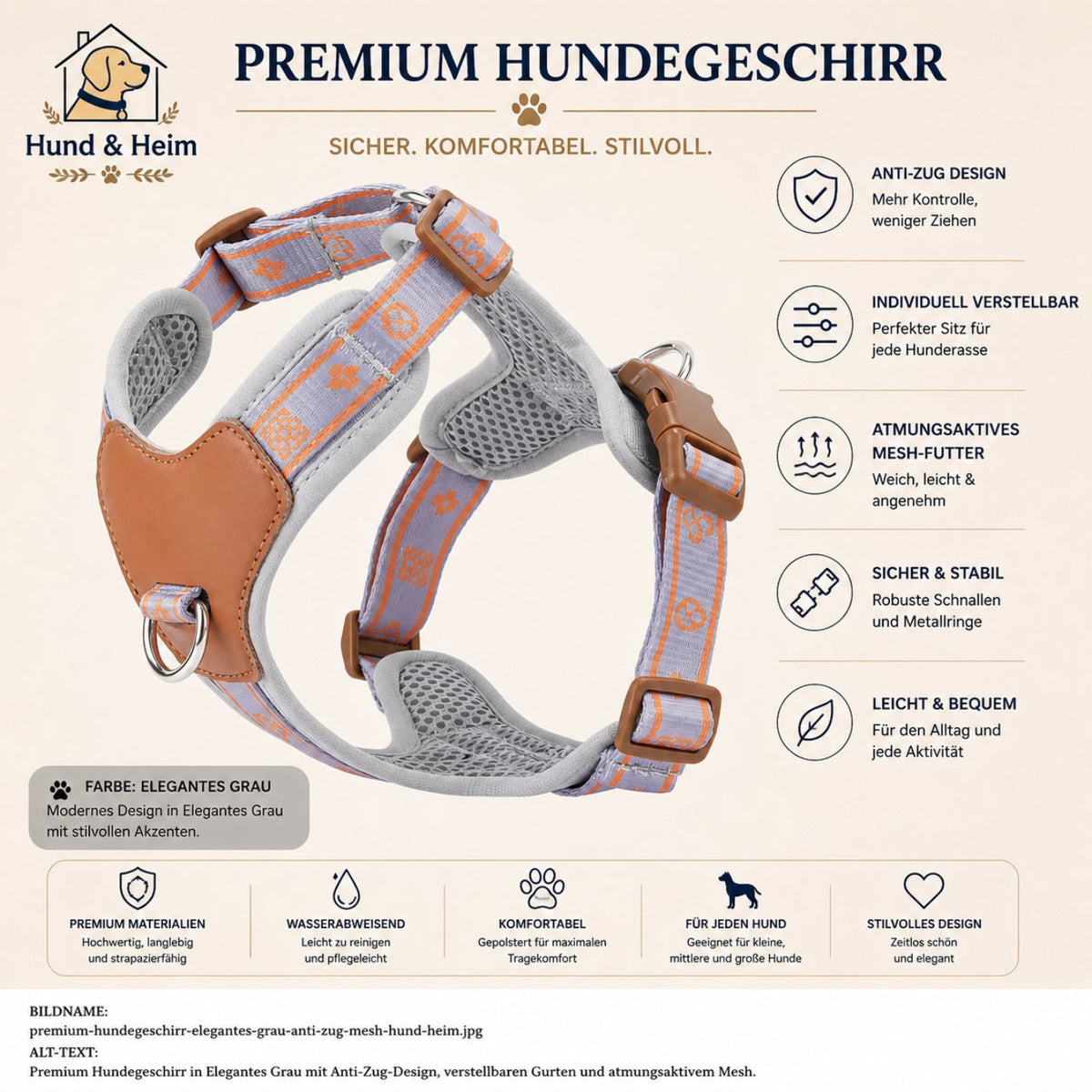 Premium Hundegeschirr in Elegantes Grau mit Anti-Zug-Design, verstellbaren Gurten und atmungsaktivem Mesh