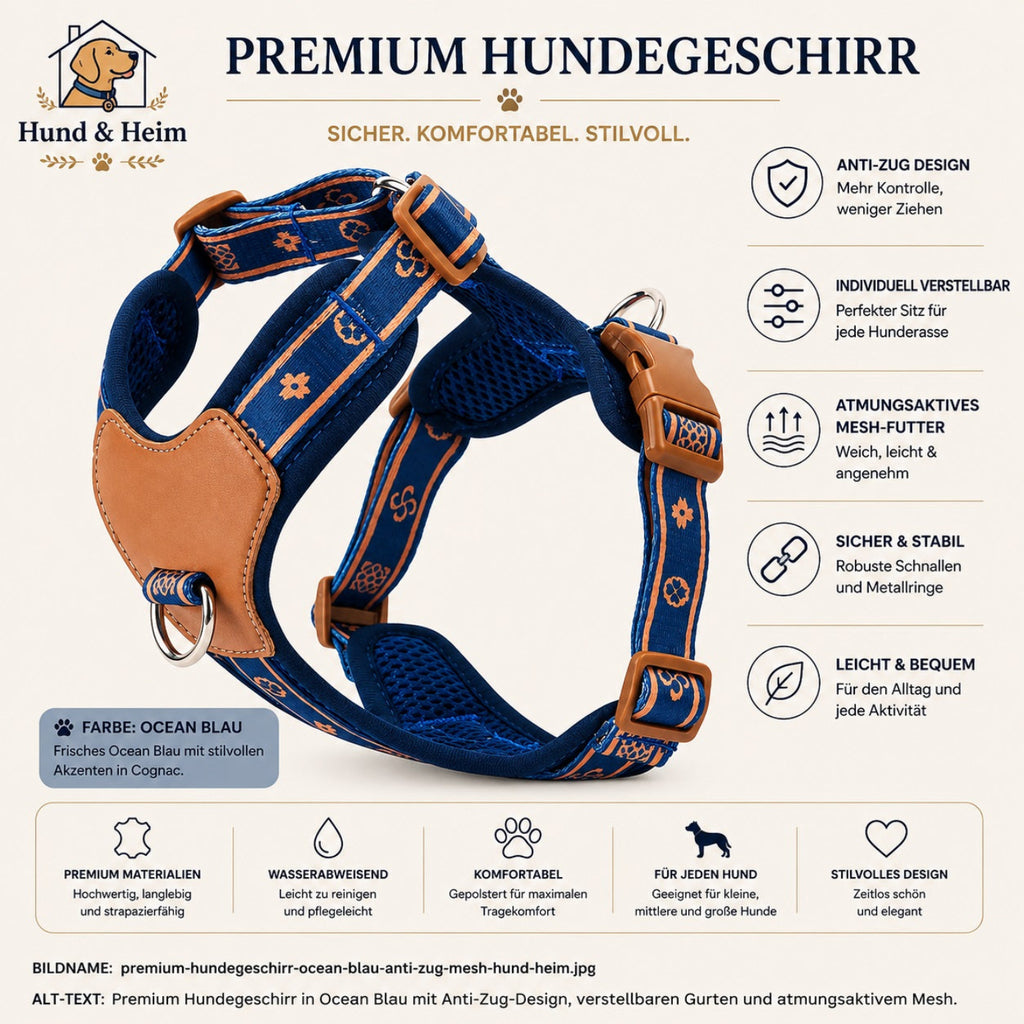 Premium Hundegeschirr in Ocean Blau mit Anti-Zug-Design, verstellbaren Gurten und atmungsaktivem Mesh