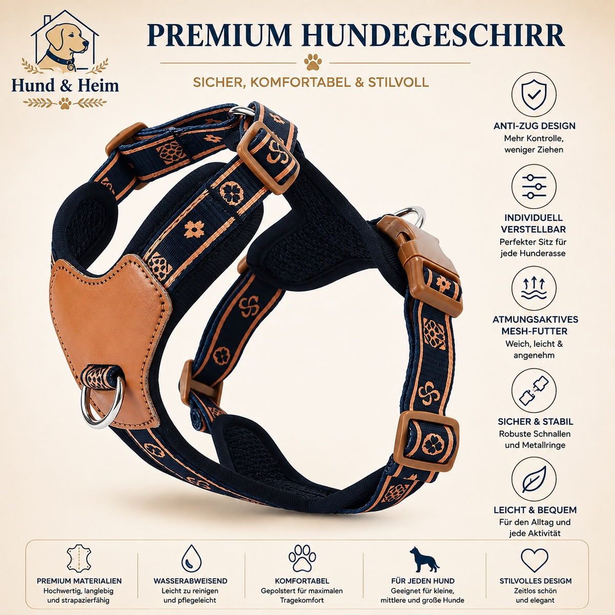 Premium Hundegeschirr in Schwarz mit Anti-Zug-Design, verstellbaren Gurten und atmungsaktivem Mesh