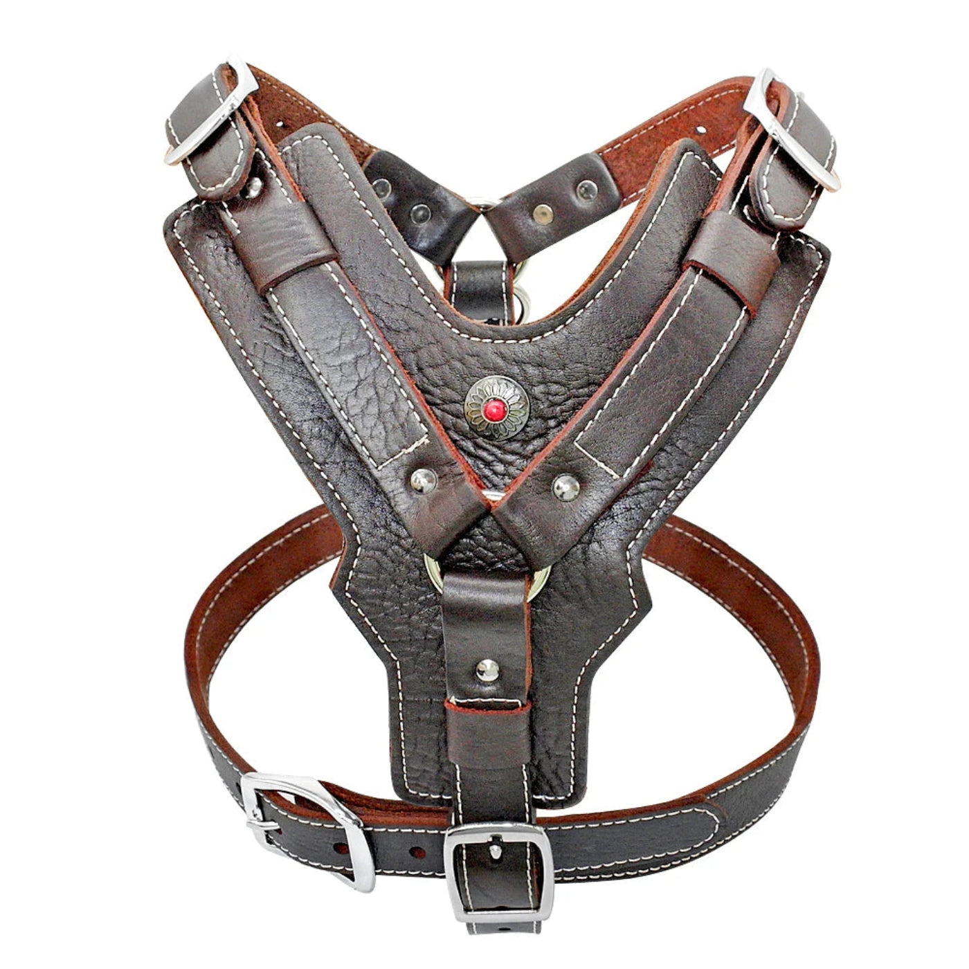 Detailansicht eines Premium Leder Hundegeschirrs von Hund & Heim mit gepolsterter Brustpartie, stabilen Schnallen und hochwertiger Verarbeitung