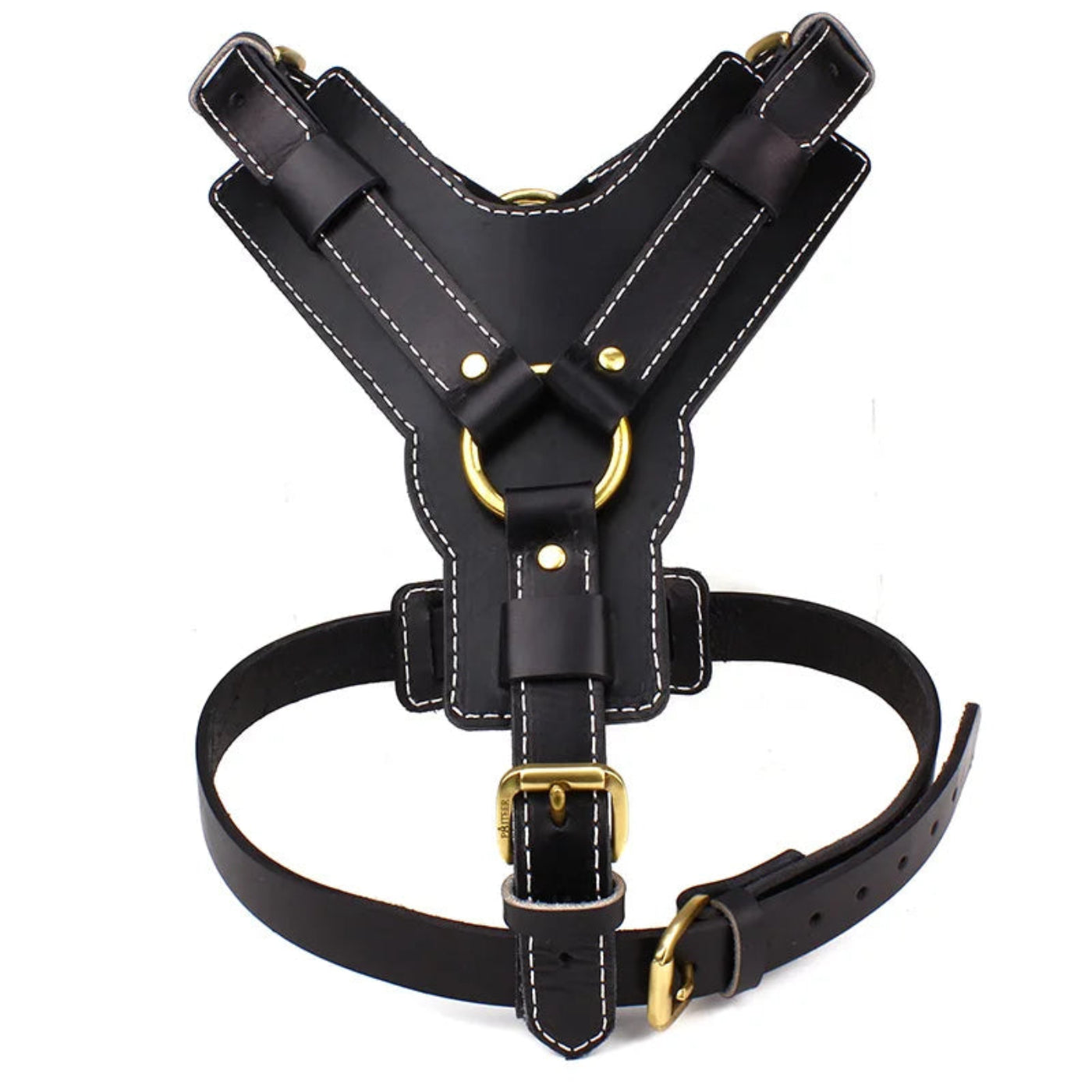 Premium Leder Hundegeschirr von Hund & Heim in Schwarz mit goldfarbenen Beschlägen, gepolsterter Brustpartie und verstellbarer Passform für große Hunde
