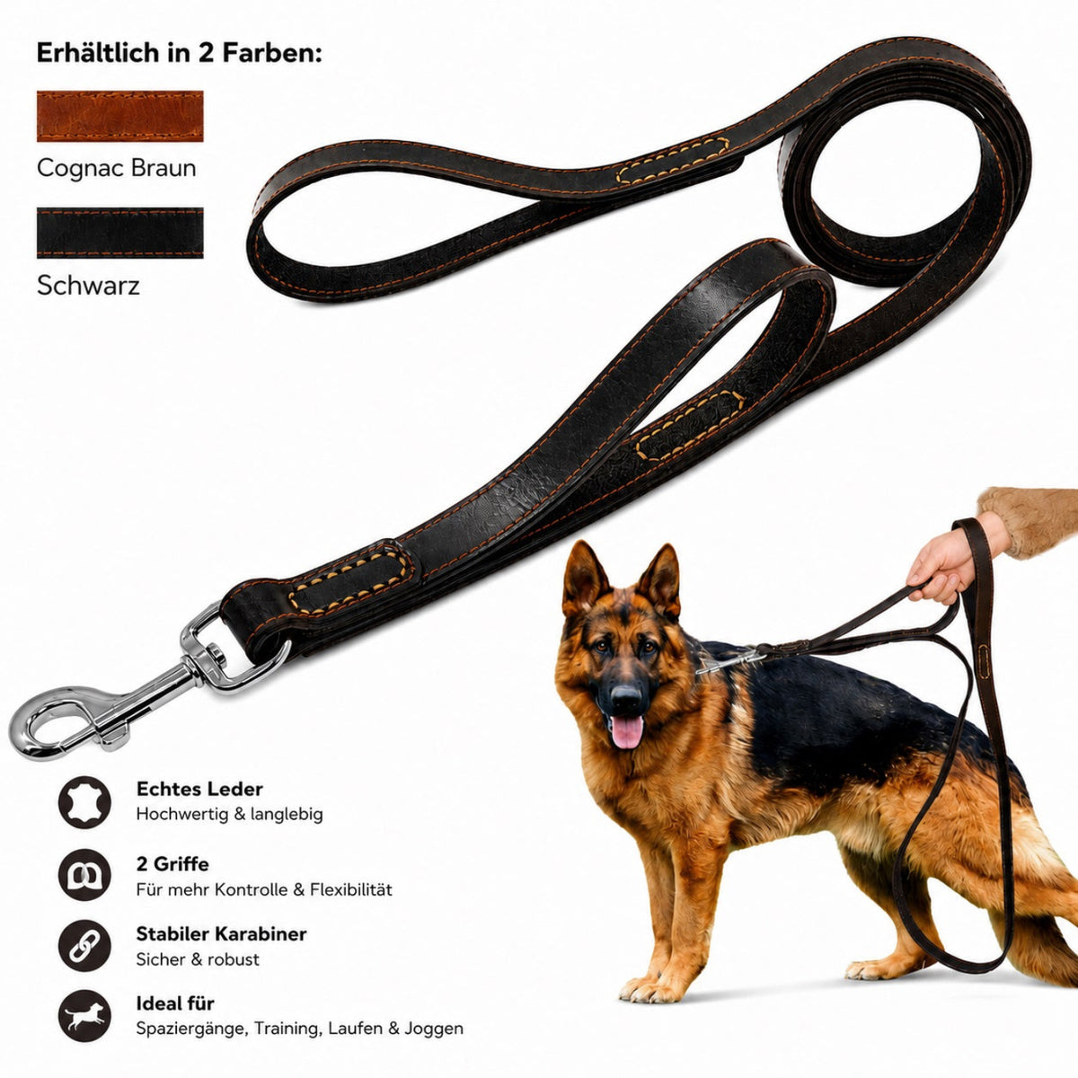 Premium Leder-Hundeleine mit 2 Griffen in Cognac Braun und Schwarz für mittelgroße und große Hunde