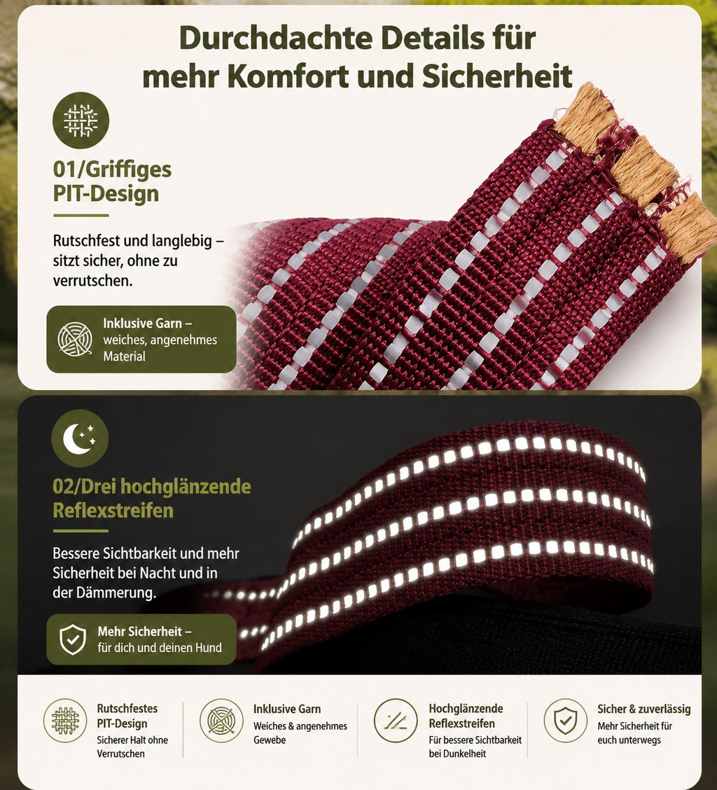 Detailaufnahme eines reflektierenden Hundegeschirrs mit hochglänzenden Reflektorstreifen für bessere Sichtbarkeit bei Dunkelheit. Das robuste und komfortable Material sorgt für Sicherheit und angenehmes Tragen beim Spaziergang.