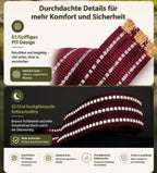 Detailaufnahme eines reflektierenden Hundegeschirrs mit hochglänzenden Reflektorstreifen für bessere Sichtbarkeit bei Dunkelheit. Das robuste und komfortable Material sorgt für Sicherheit und angenehmes Tragen beim Spaziergang.