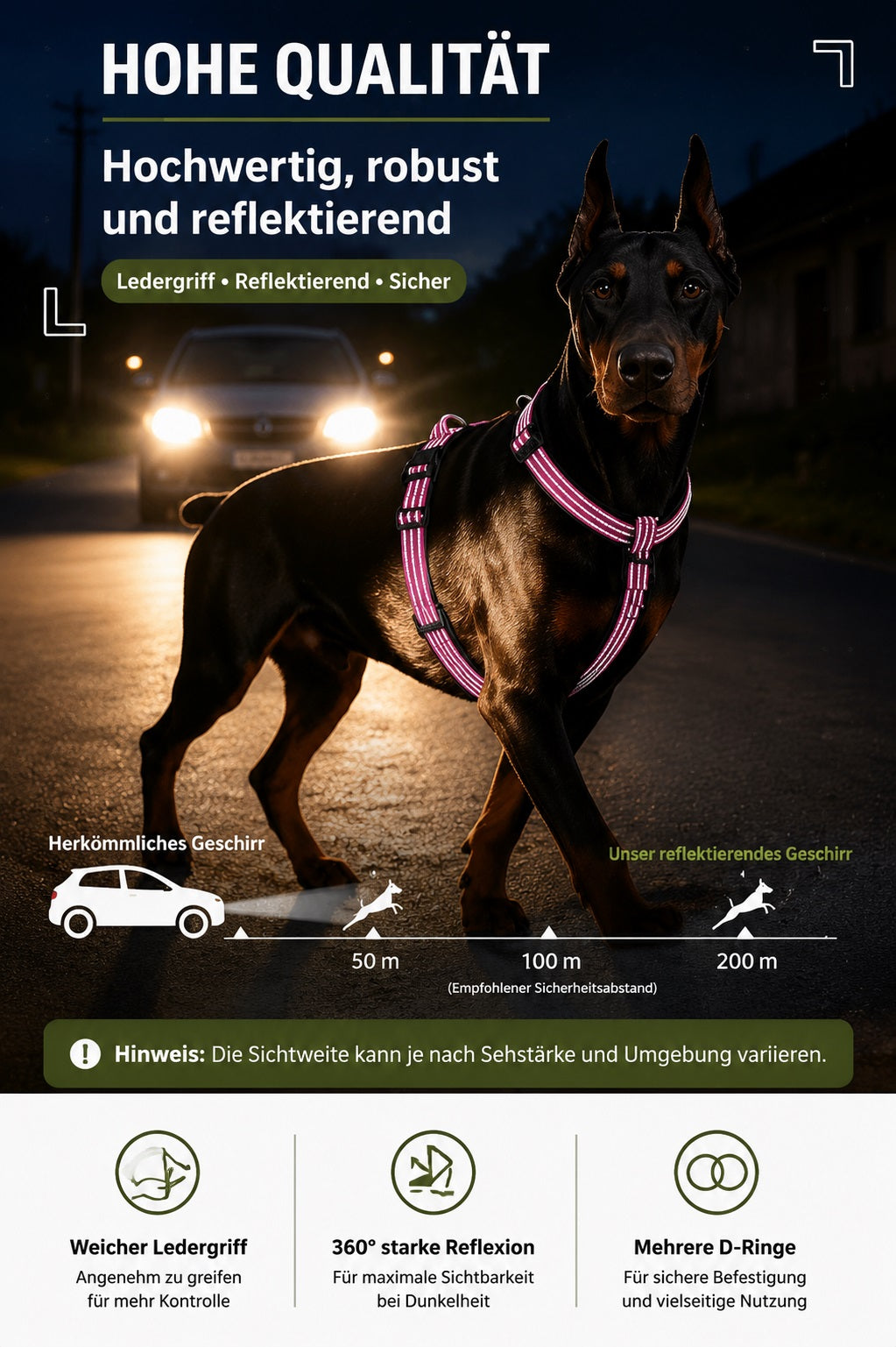Dobermann trägt ein bordeauxrotes reflektierendes Hundegeschirr bei einem Spaziergang in der Dunkelheit. Das sichere Outdoor Hundegeschirr sorgt durch reflektierende Details für bessere Sichtbarkeit und Komfort bei großen Hunden.