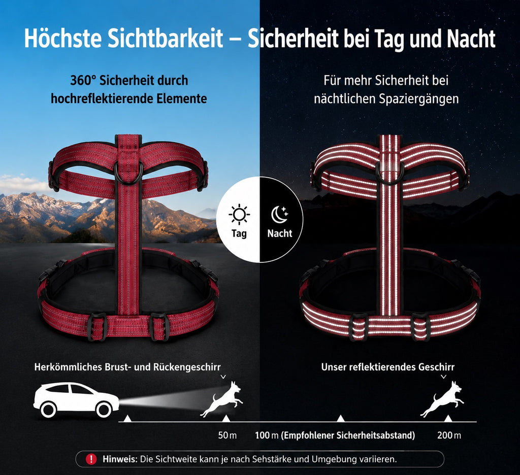 Vergleich eines reflektierenden Hundegeschirrs bei Tag und Nacht mit hochreflektierenden Elementen für bessere Sichtbarkeit. Das sichere Outdoor Hundegeschirr sorgt für mehr Sicherheit bei Spaziergängen in der Dunkelheit.