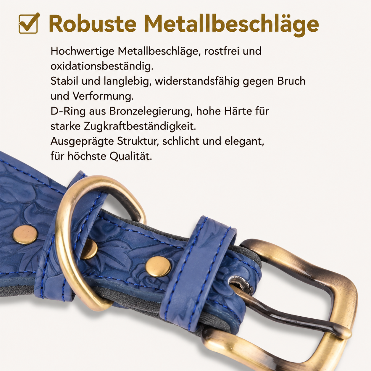 Geprägtes Kunstleder-Halsband Ozeanblau – robuste Bronzelegierung D-Ring und Schnalle, rostfrei & langlebig | Hund & Heim