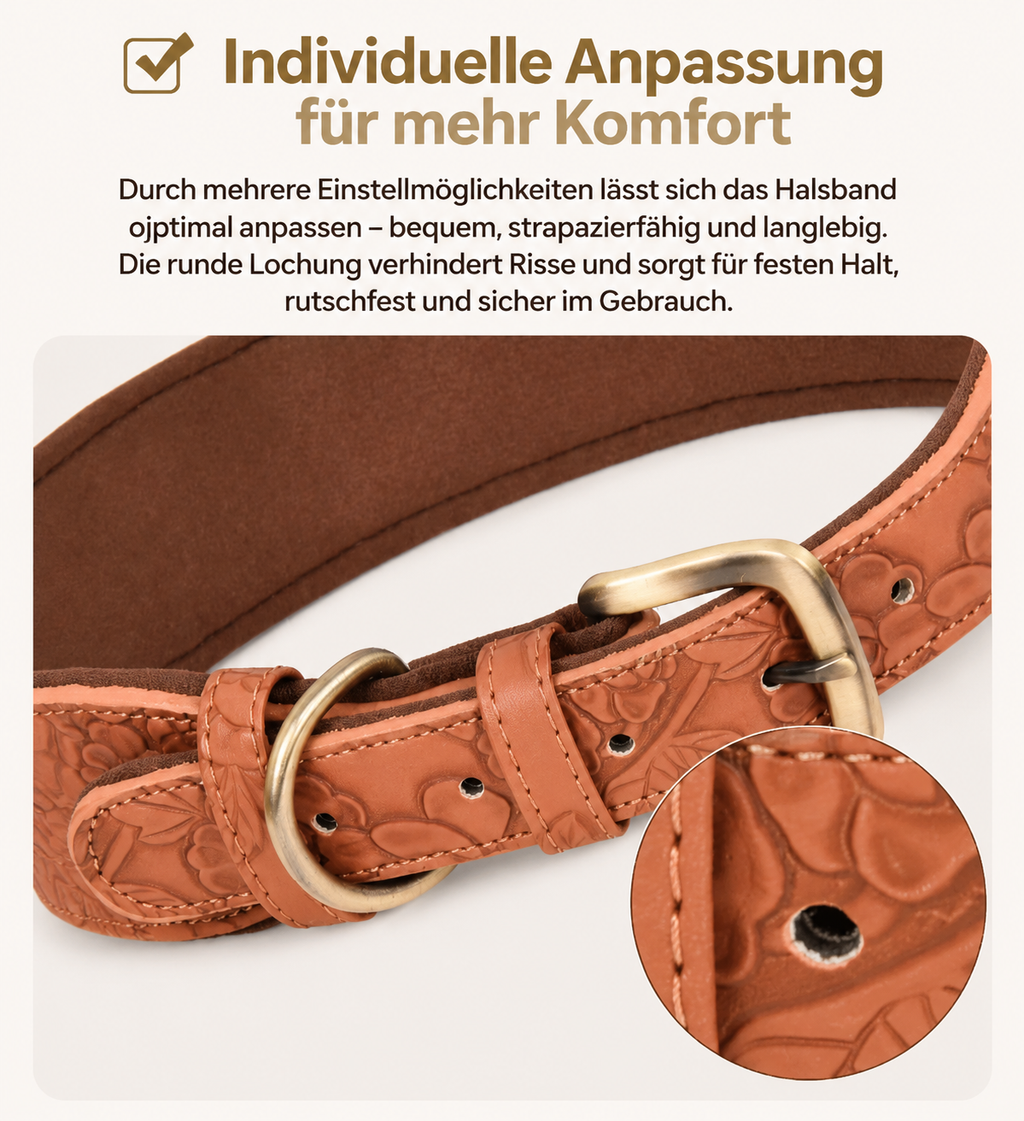 Geprägtes Kunstleder-Halsband Cognac – verstellbare Metallschnalle mit runder Lochung, rutschfest & sicher im Gebrauch | Hund & Heim