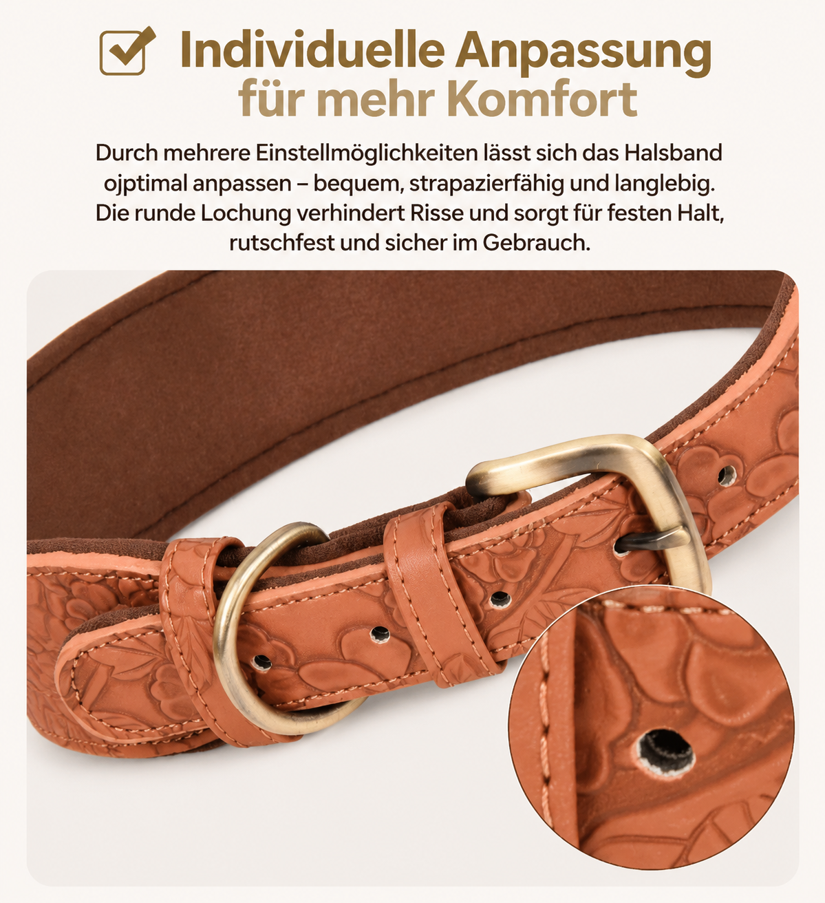 Geprägtes Kunstleder-Halsband Cognac – verstellbare Metallschnalle mit runder Lochung, rutschfest & sicher im Gebrauch | Hund & Heim