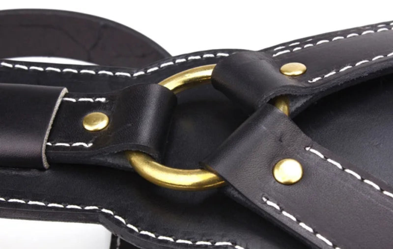 Detailaufnahme der Y-Verbindung eines schwarzen Premium Leder Hundegeschirrs von Hund & Heim mit goldfarbenem Ring, stabilen Nieten und hochwertiger Nahtverarbeitung